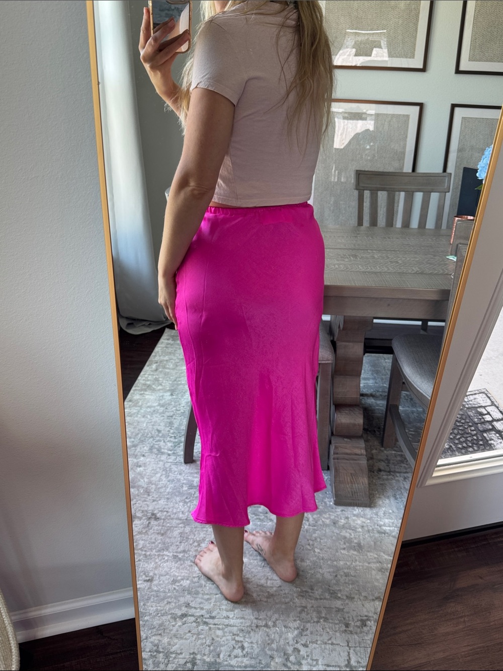 Neon Barbie Hot Pink Women's Satin Midi Slide Slit Skirt - Picture 5 of 16